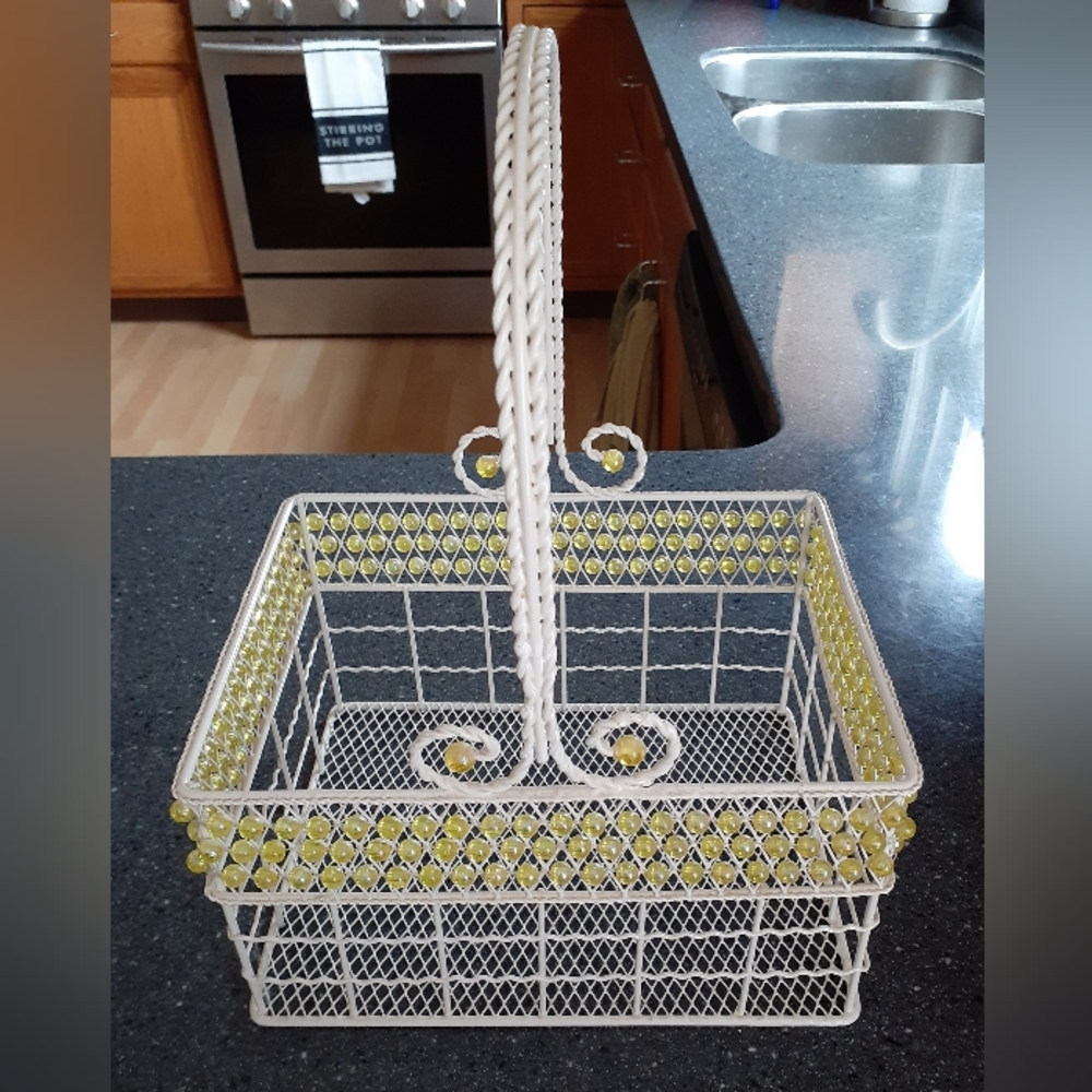 Sturdy White Wire Basket with Yellow Beading